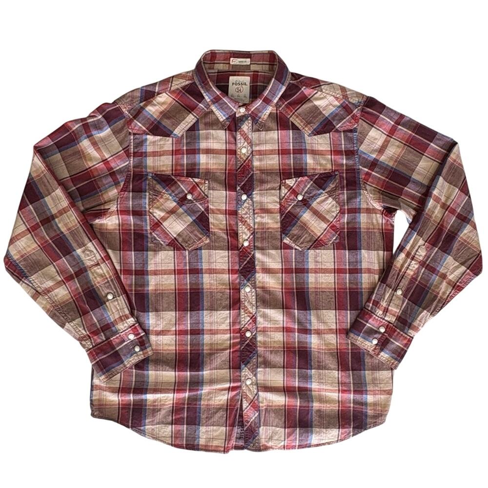 Fossil 54 Vintage Fit Plaid Western Shirt, Long Sleeve Burgundy mens XL